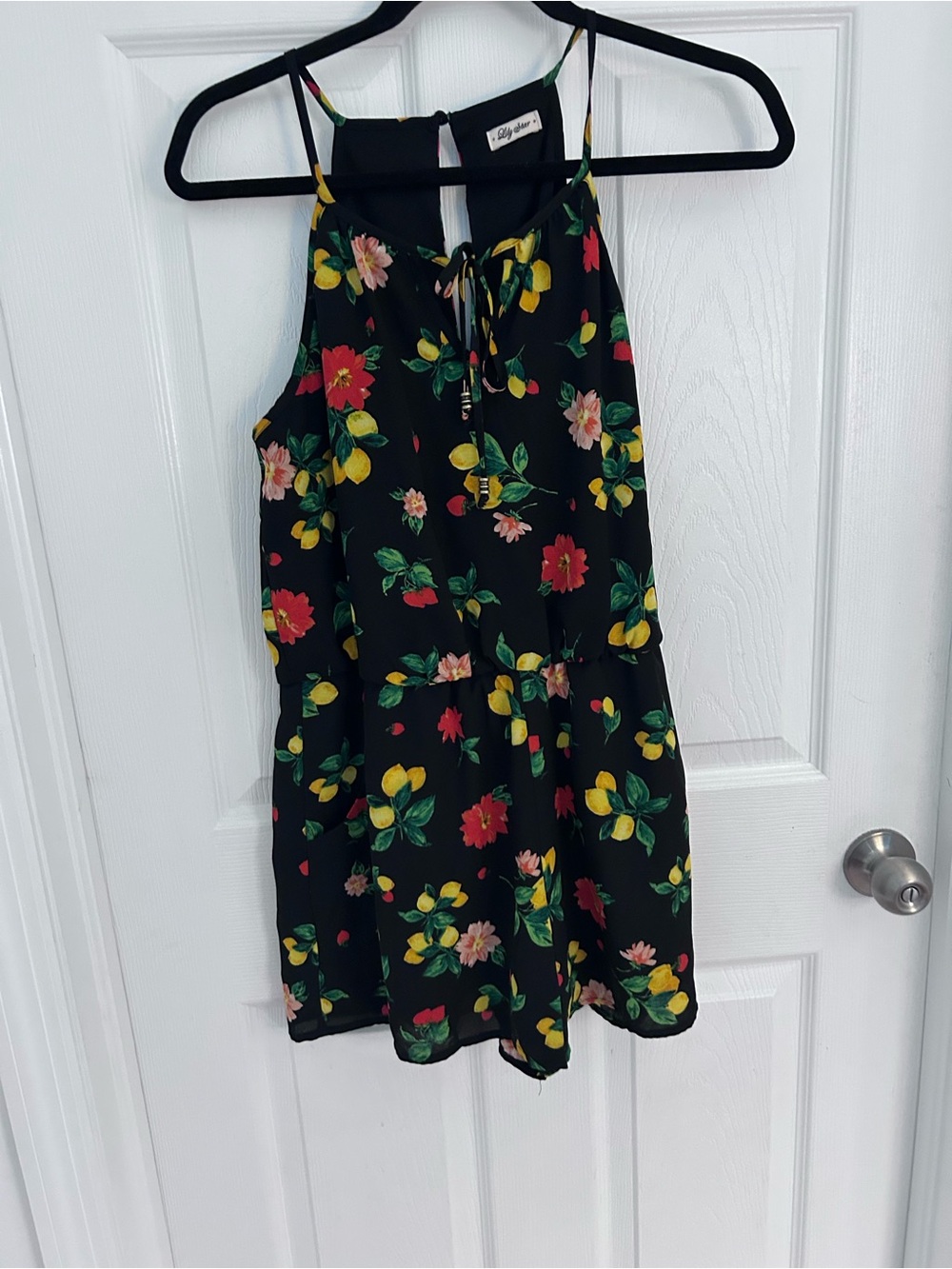 Lily Star Black Floral Halter Dress/Shorts Red & Yellow Blooms Lemons Size M